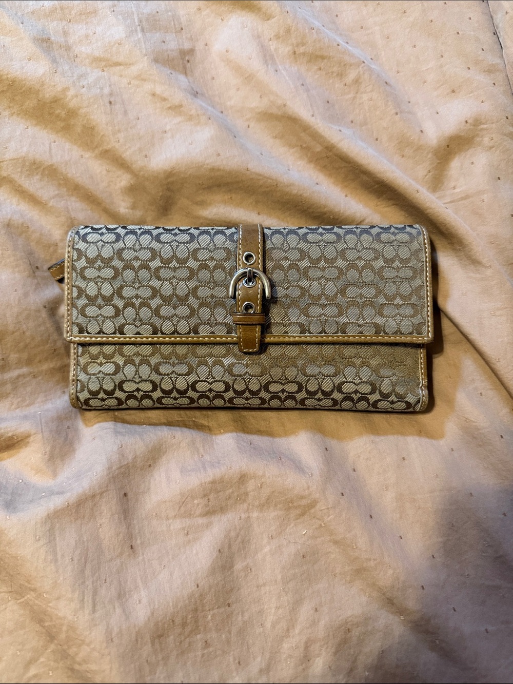Coach Khaki & Gold Signature Foldover Wallet with Buckle
